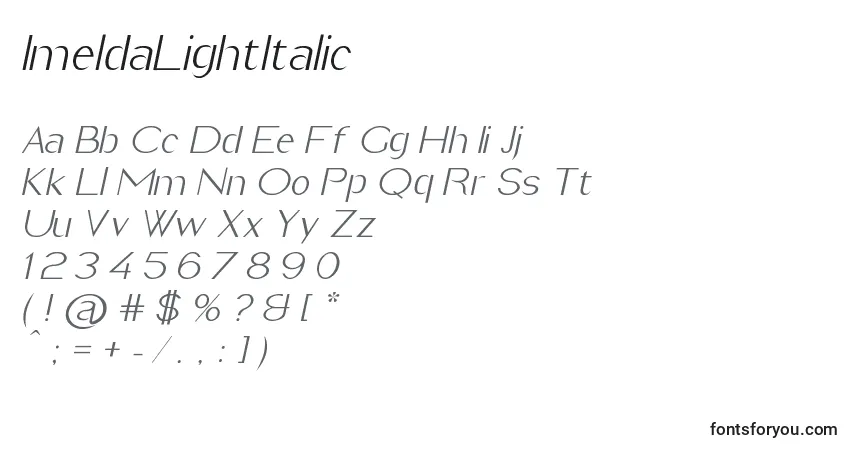 A fonte ImeldaLightItalic – alfabeto, números, caracteres especiais