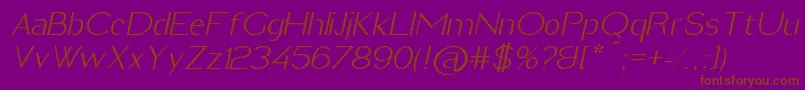 Fonte ImeldaLightItalic – fontes marrons em um fundo roxo