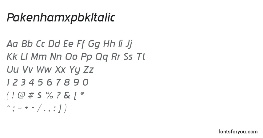 Czcionka PakenhamxpbkItalic – alfabet, cyfry, specjalne znaki