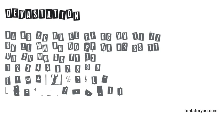 Czcionka Devastation – alfabet, cyfry, specjalne znaki