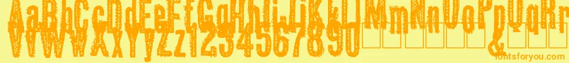 フォントOkas – オレンジの文字が黄色の背景にあります。