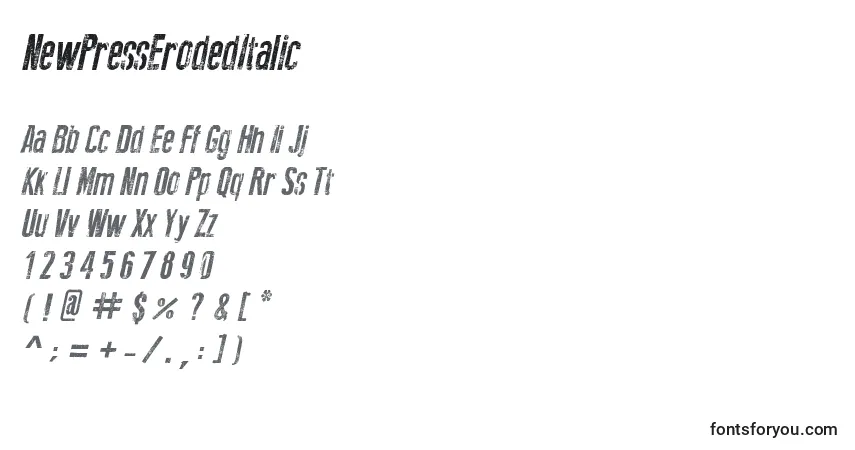 A fonte NewPressErodedItalic – alfabeto, números, caracteres especiais