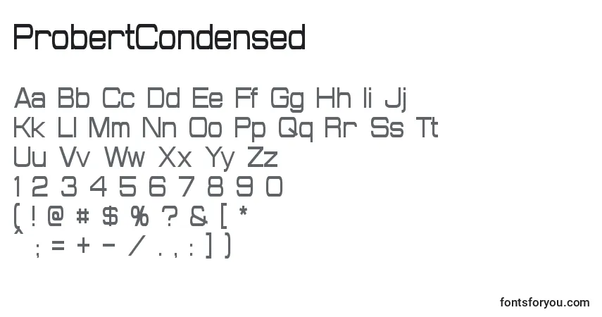 A fonte ProbertCondensed – alfabeto, números, caracteres especiais