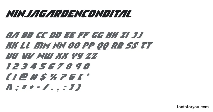 A fonte Ninjagardencondital – alfabeto, números, caracteres especiais