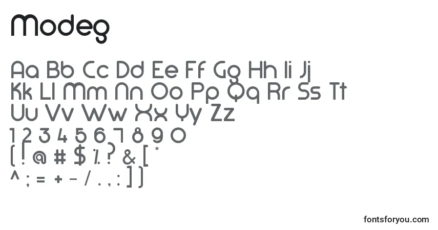 Fuente Modeg - alfabeto, números, caracteres especiales