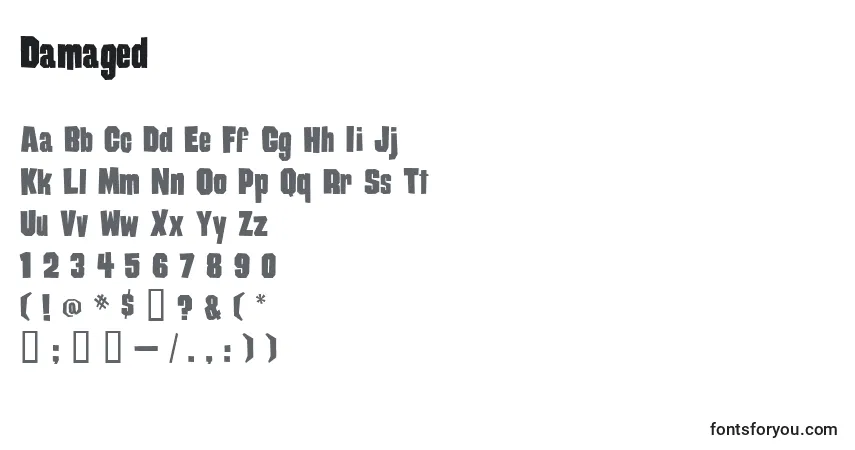 A fonte Damaged – alfabeto, números, caracteres especiais
