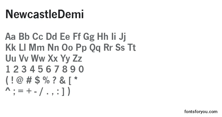 A fonte NewcastleDemi – alfabeto, números, caracteres especiais
