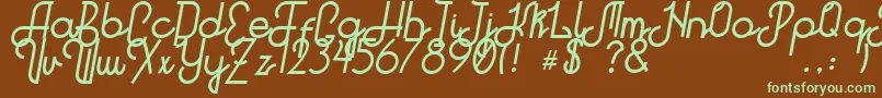 フォントHitchhiker – 緑色の文字が茶色の背景にあります。