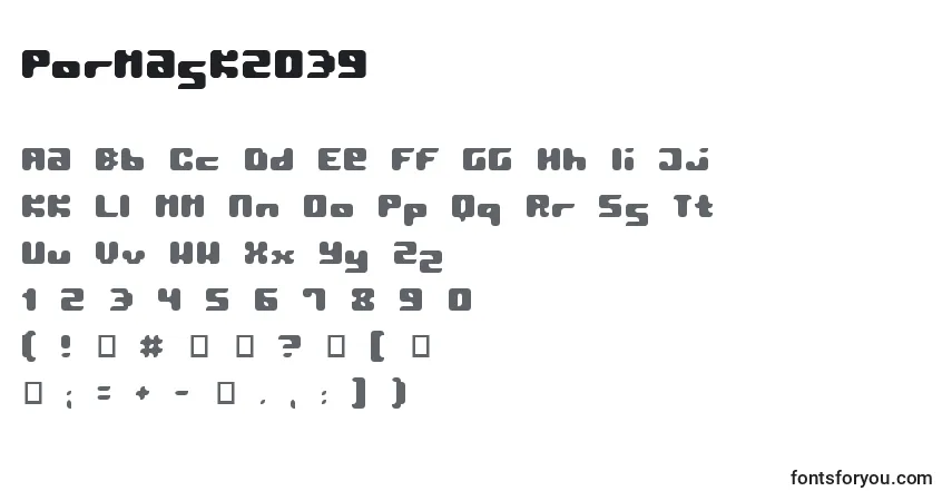 A fonte Pormask2039 – alfabeto, números, caracteres especiais