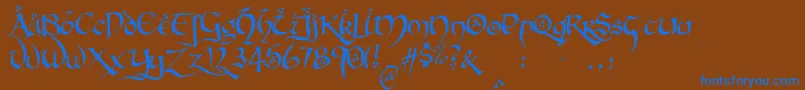 Hobbitonbrushhand-Schriftart – Blaue Schriften auf braunem Hintergrund