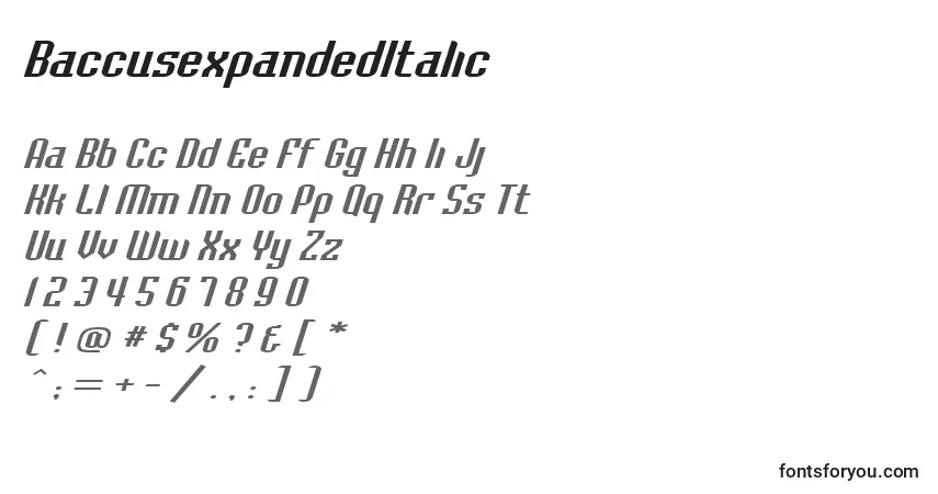 Czcionka BaccusexpandedItalic – alfabet, cyfry, specjalne znaki