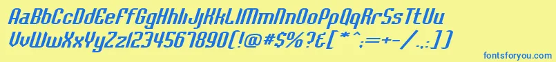 BaccusexpandedItalic-Schriftart – Blaue Schriften auf gelbem Hintergrund