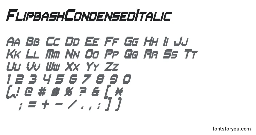A fonte FlipbashCondensedItalic – alfabeto, números, caracteres especiais