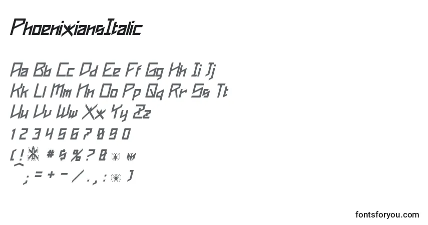 PhoenixiansItalic-fontti – aakkoset, numerot, erikoismerkit