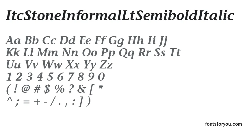 Czcionka ItcStoneInformalLtSemiboldItalic – alfabet, cyfry, specjalne znaki