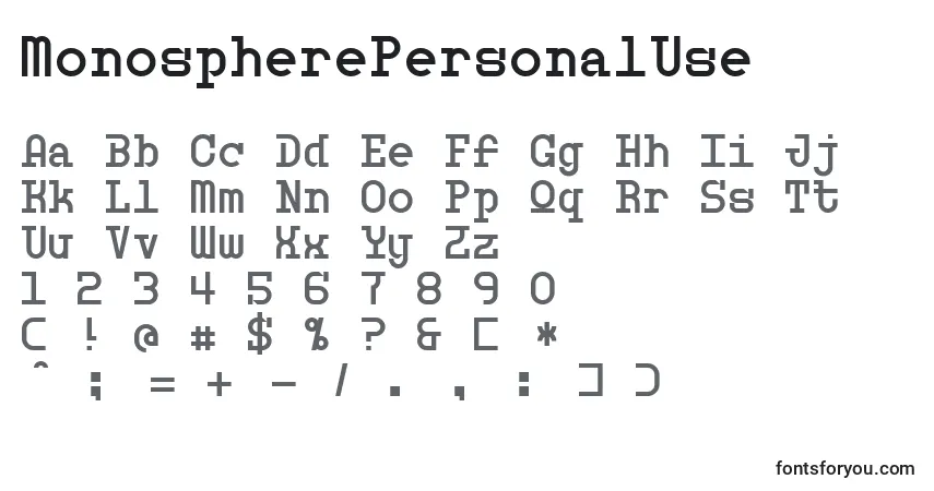 Schriftart MonospherePersonalUse – Alphabet, Zahlen, spezielle Symbole
