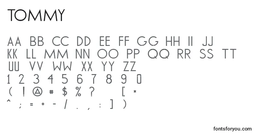 Czcionka Tommy – alfabet, cyfry, specjalne znaki