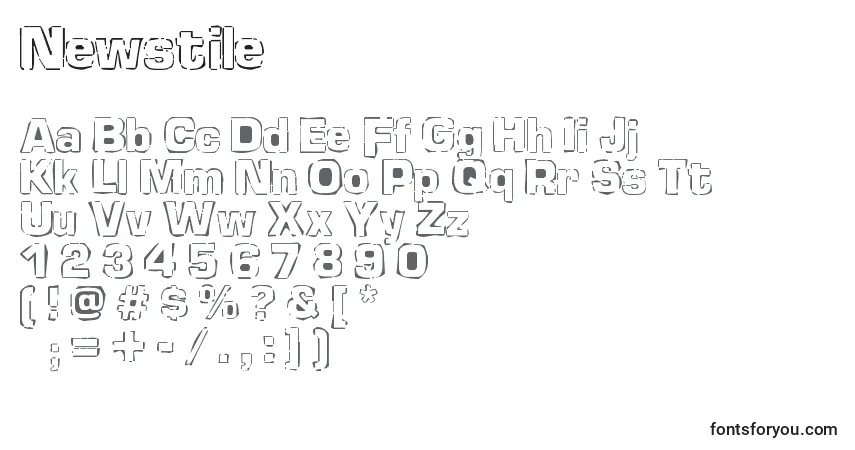 Czcionka Newstile – alfabet, cyfry, specjalne znaki