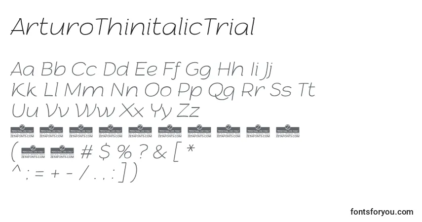 Шрифт ArturoThinitalicTrial – алфавит, цифры, специальные символы