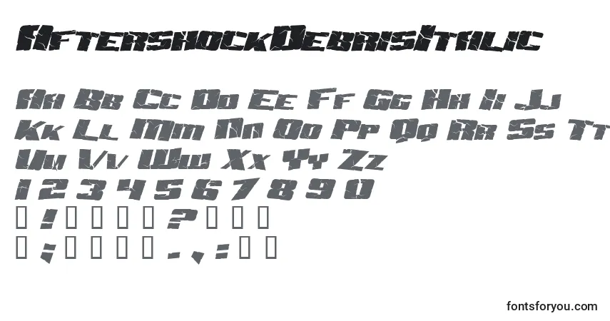Czcionka AftershockDebrisItalic – alfabet, cyfry, specjalne znaki
