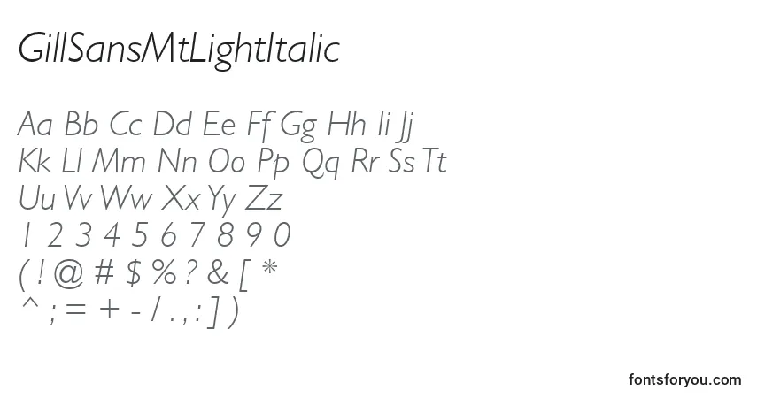 GillSansMtLightItalic-fontti – aakkoset, numerot, erikoismerkit