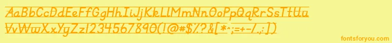 フォントKgprimaryitalicslined – オレンジの文字が黄色の背景にあります。