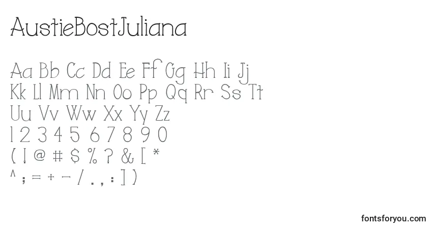 A fonte AustieBostJuliana – alfabeto, números, caracteres especiais