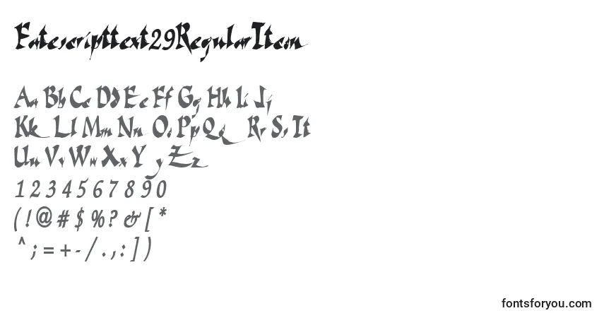 A fonte Fatescripttext29RegularTtcon – alfabeto, números, caracteres especiais