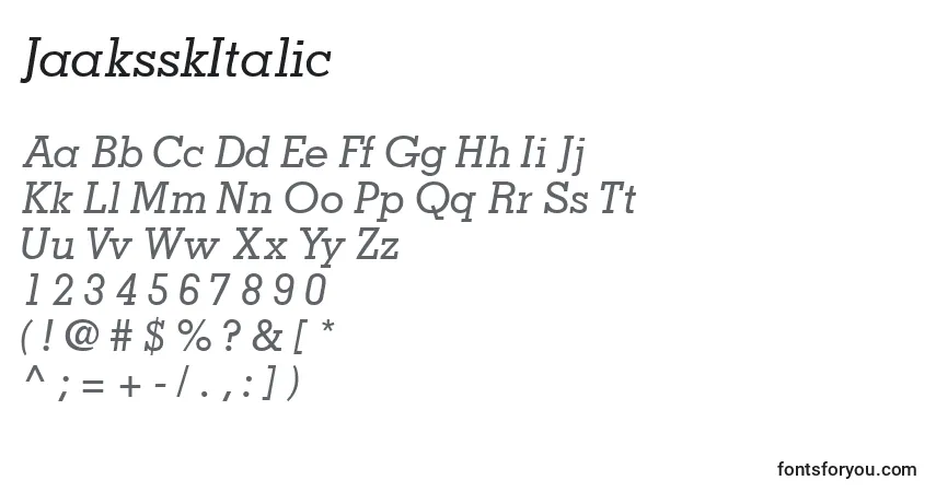 Schriftart JaaksskItalic – Alphabet, Zahlen, spezielle Symbole