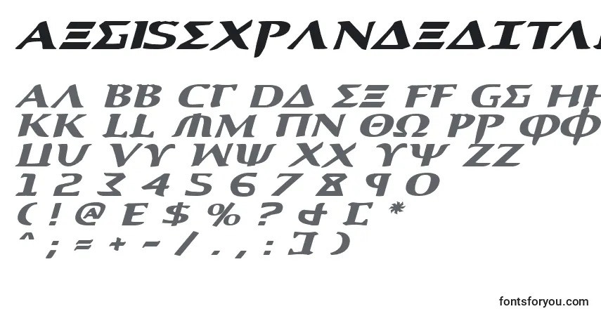 Шрифт AegisExpandedItalic – алфавит, цифры, специальные символы