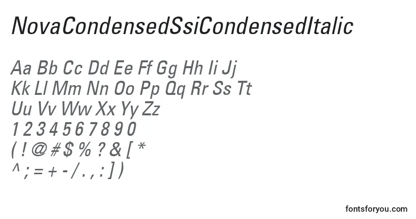 Czcionka NovaCondensedSsiCondensedItalic – alfabet, cyfry, specjalne znaki