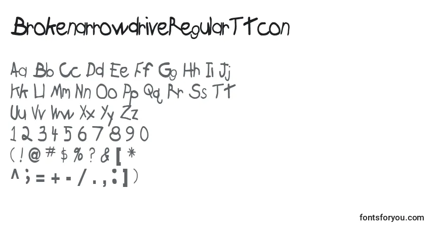 A fonte BrokenarrowdriveRegularTtcon – alfabeto, números, caracteres especiais