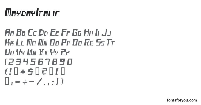 Czcionka MaydayItalic – alfabet, cyfry, specjalne znaki