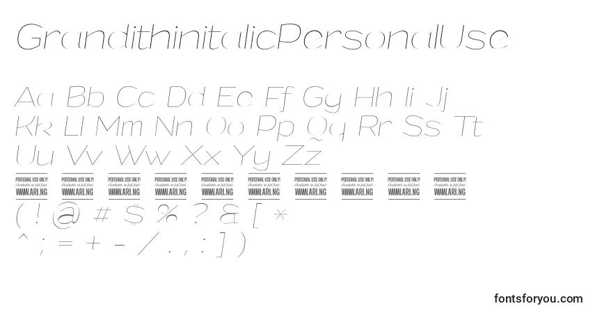 A fonte GrandithinitalicPersonalUse – alfabeto, números, caracteres especiais