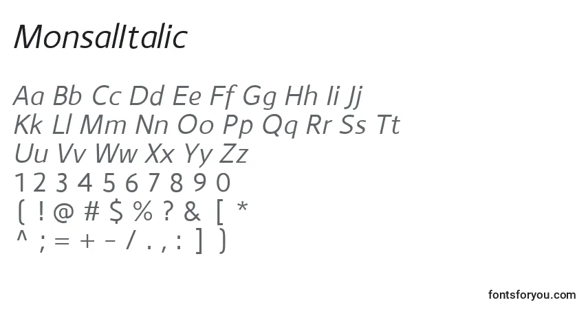 A fonte MonsalItalic – alfabeto, números, caracteres especiais