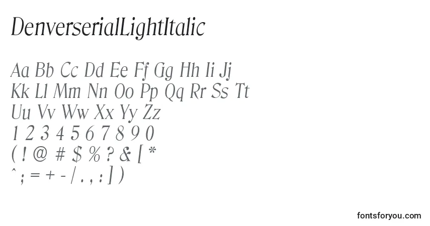 Czcionka DenverserialLightItalic – alfabet, cyfry, specjalne znaki