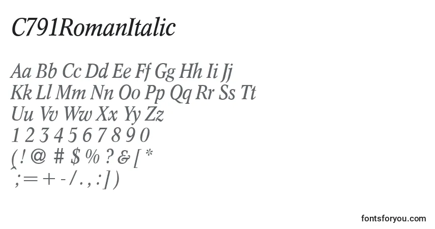 Czcionka C791RomanItalic – alfabet, cyfry, specjalne znaki