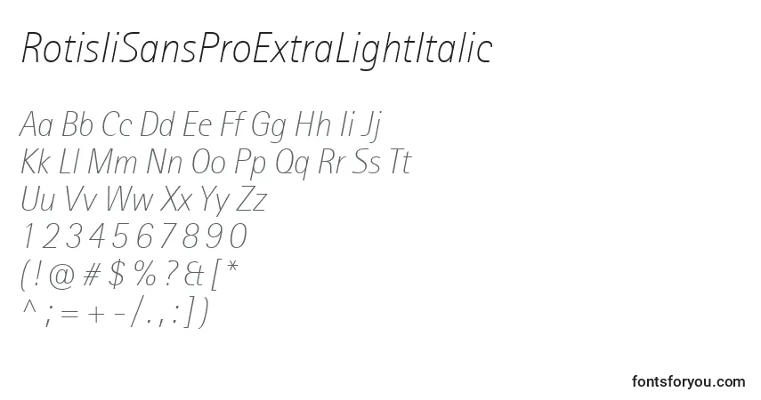 Schriftart RotisIiSansProExtraLightItalic – Alphabet, Zahlen, spezielle Symbole