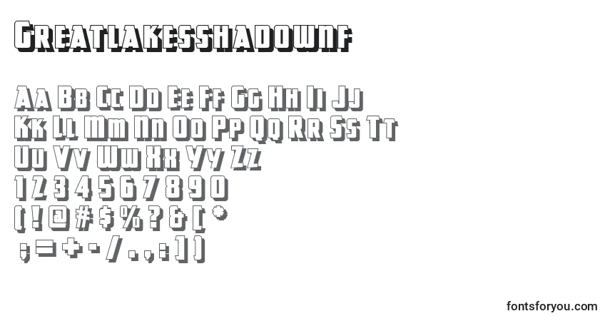 Czcionka Greatlakesshadownf – alfabet, cyfry, specjalne znaki