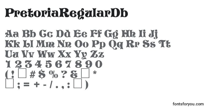 Czcionka PretoriaRegularDb – alfabet, cyfry, specjalne znaki