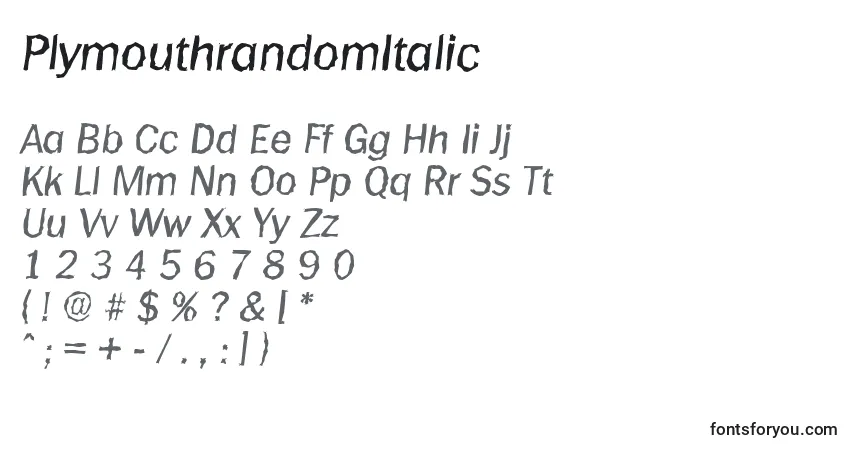 Czcionka PlymouthrandomItalic – alfabet, cyfry, specjalne znaki