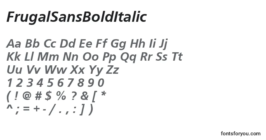 Schriftart FrugalSansBoldItalic – Alphabet, Zahlen, spezielle Symbole
