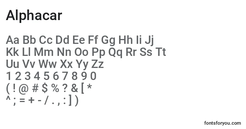 Czcionka Alphacar – alfabet, cyfry, specjalne znaki