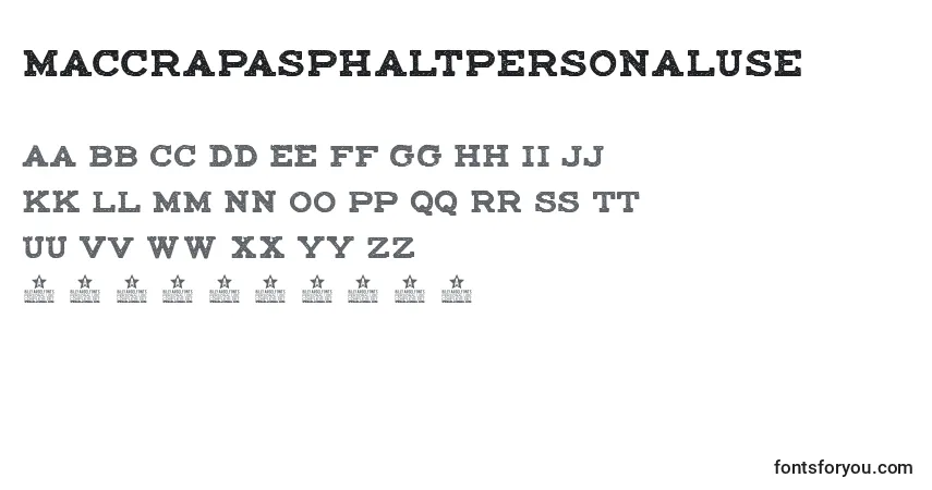 A fonte MaccrapasphaltPersonalUse – alfabeto, números, caracteres especiais