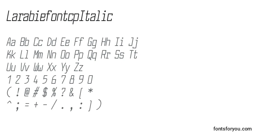 A fonte LarabiefontcpItalic – alfabeto, números, caracteres especiais
