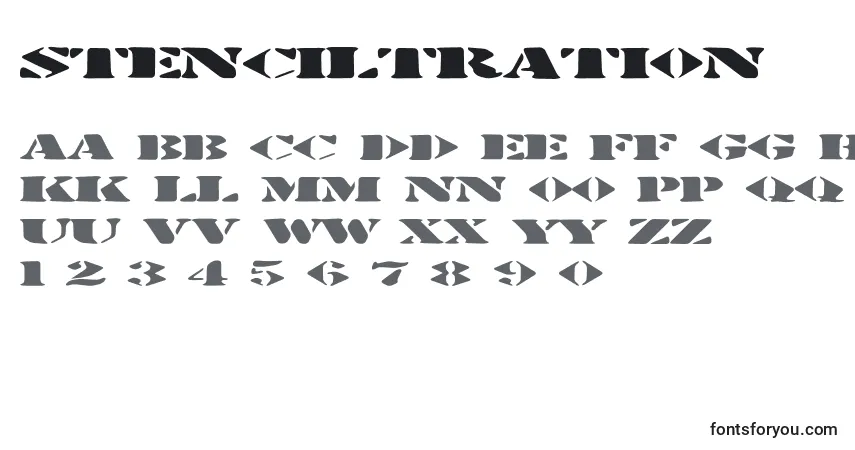 Schriftart Stenciltration – Alphabet, Zahlen, spezielle Symbole