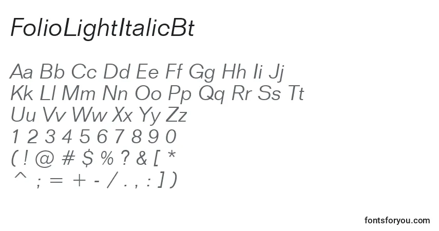 Schriftart FolioLightItalicBt – Alphabet, Zahlen, spezielle Symbole