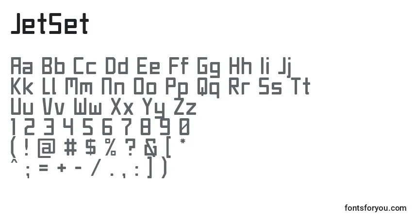Schriftart JetSet – Alphabet, Zahlen, spezielle Symbole