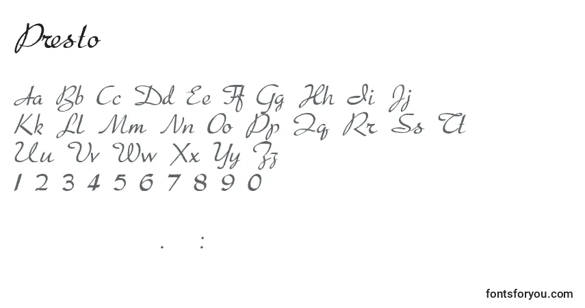 A fonte Presto – alfabeto, números, caracteres especiais