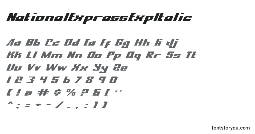 Schriftart NationalExpressExpItalic – Alphabet, Zahlen, spezielle Symbole